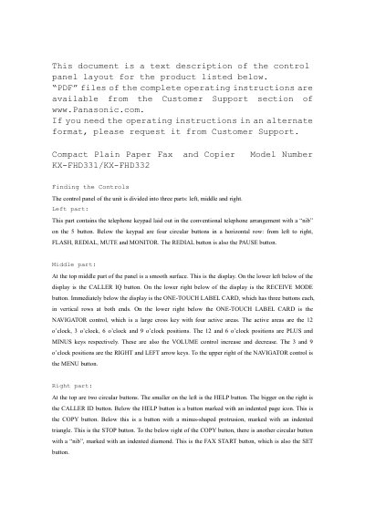 Panasonic KX-FHD331/KX-FHD332 Compact Plain Paper Fax and Copier Control Panel Description - cover page