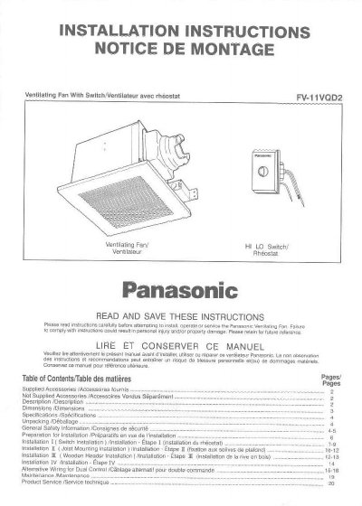 Panasonic FV-11VQD2 Ventilating Fan Installation Instructions - cover page