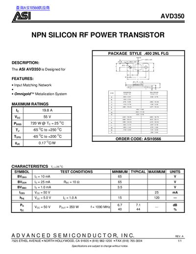 ASI AVD350 NPN Silicon RF Power Transistor Datasheet - cover page
