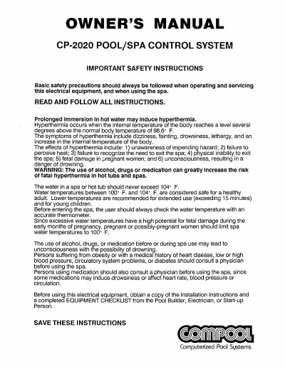 Compool CP-2020 Pool/Spa Control System Owner's Manual - cover page
