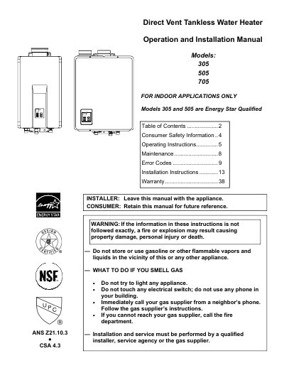 Rheem 305/505/705 Direct Vent Tankless Water Heater Installation and User Manual - cover page