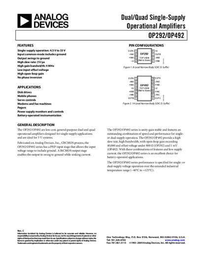 Analog Devices OP292/OP492 Dual/Quad Operational Amplifier Datasheet - cover page