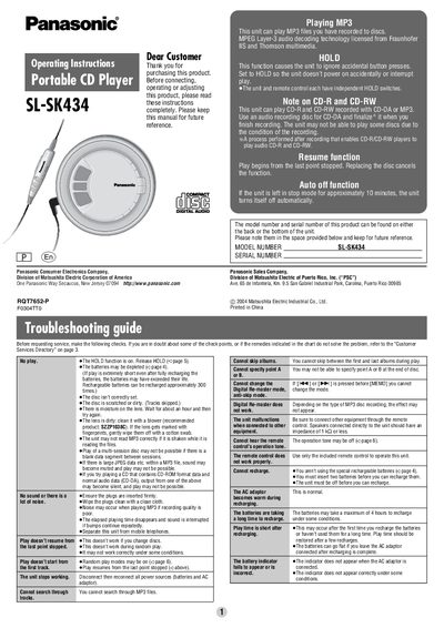 Panasonic SL-SK434 Portable CD Player Operating Instructions - cover page