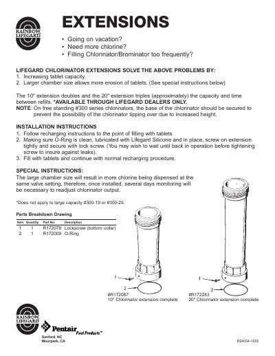 Pentair R172087/R172283 Chlorinator Extension Installation Instructions - cover page