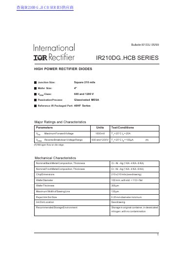 International Rectifier IR210DG..HCB Series High Power Rectifier Diodes Datasheet - cover page