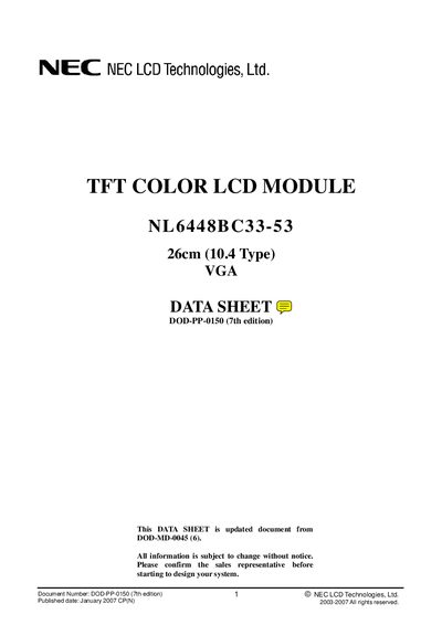 NEC NL6448BC33-53 LCD Module Datasheet - cover page