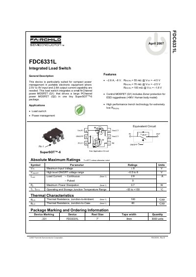 Fairchild FDC6331L Integrated Load Switch Datasheet - cover page