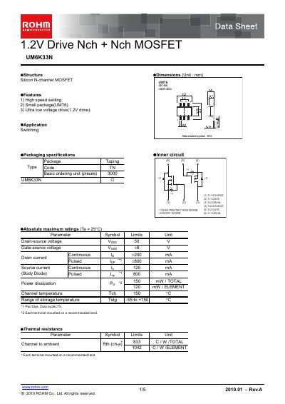ROHM UM6K33N Data Sheet - cover page