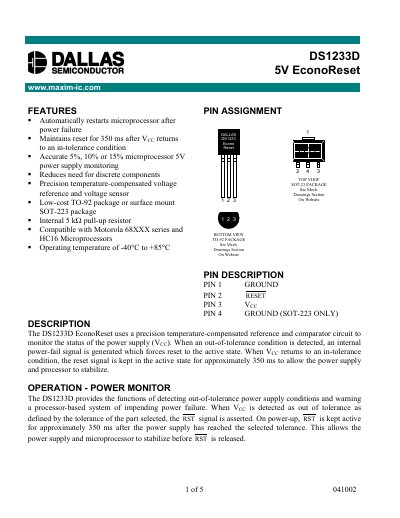 Dallas Semiconductor DS1233D EconoReset Datasheet