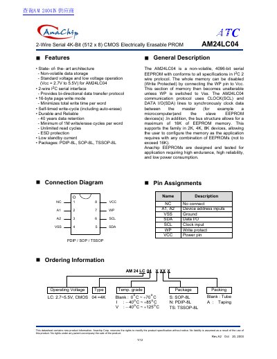 Anachip ATC 2-Wire Serial 4K-Bit (512 x 8) CMOS Electrically Erasable PROM AM24LC04 handbook - cover page