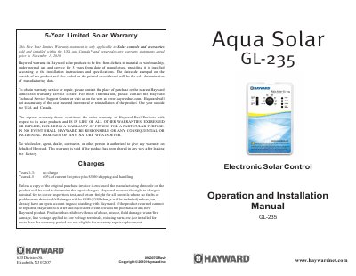 Hayward GL-235 Solar Control Operation and Installation Manual - cover page