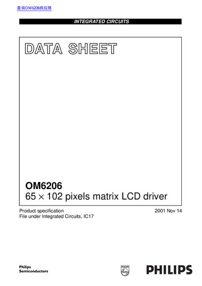 PHILIPS OM6206 65 &times; 102 pixels matrix LCD driver Data Sheet - cover page