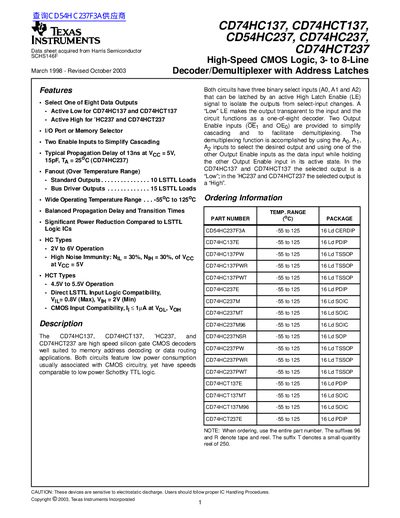 Texas Instruments CD74HC137/CD74HCT137/CD54HC237/CD74HC237/CD74HCT237 Datasheet - cover page