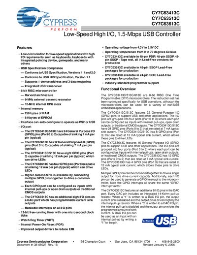 Cypress CY7C63413C/CY7C63513C/CY7C63613C Low-Speed High I/O USB Controller Datasheet - cover page