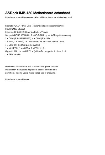 ASRock IMB-180 Industrial Motherboard Datasheet - cover page