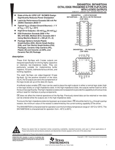 Texas Instruments SN54ABT534 / SN74ABT534A Octal Edge-Triggered D-Type Flip-Flops with 3-State Outputs Datasheet - cover page