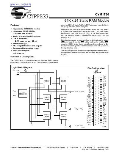 Cypress CYM1730 64K x 24 Static RAM Module Datasheet - cover page