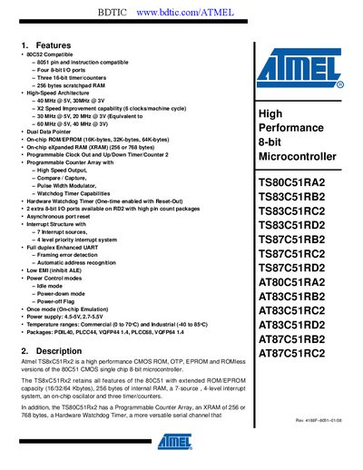Atmel TS87C51RD2 Datasheet - cover page