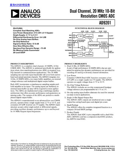ANALOG DEVICES Dual Channel 20 MHz 10-Bit Resolution CMOS ADC AD9201 handbook - cover page