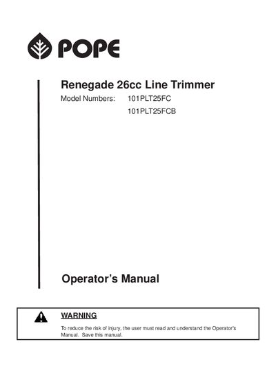 Renegade 26cc Line Trimmer 101PLT25FC 101PLT25FCB Operator s Manual - cover page