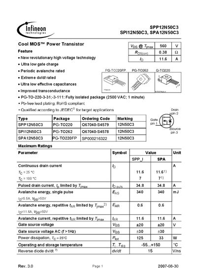 INFINEON SPP12N50C3 SPI12N50C3 SPA12N50C3 Manual - cover page