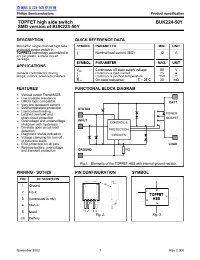 Philips BUK224-50Y TOPFET High Side Switch Datasheet - cover page