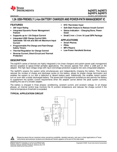 TEXAS INSTRUMENTS bq24072 bq24073 bq24074 bq24075 Manual - cover page
