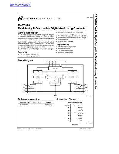 National Semiconductor DAC0890 Dual 8-bit mP-Compatible Digital-to-Analog Converter handbook  - cover page
