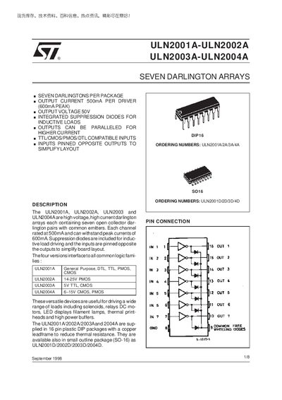 STMicroelectronics ULN2001A/ULN2002A/ULN2003A/ULN2004A Datasheet - cover page