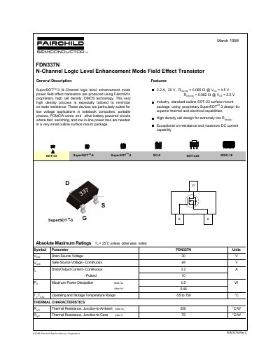 Fairchild FDN337N N-Channel Enhancement Mode FET Datasheet - cover page