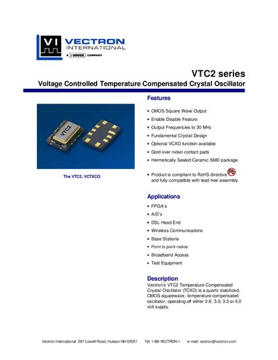 Vectron VTC2 Series Temperature Compensated Crystal Oscillator Datasheet - cover page