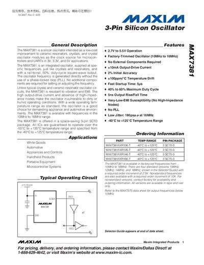 Maxim MAX7381 3-Pin Silicon Oscillator Datasheet - cover page