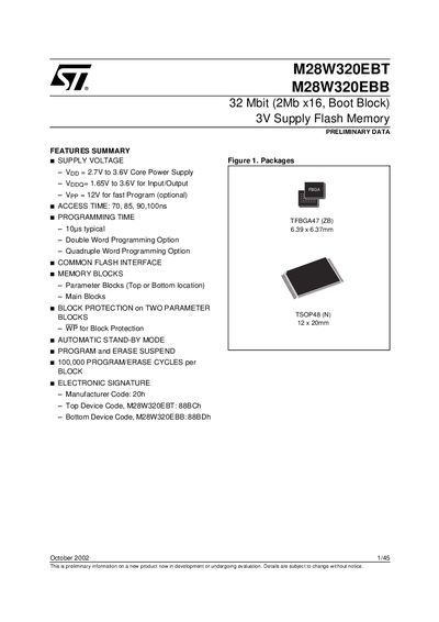 STMicroelectronics M28W320EBT / M28W320EBB Flash Memory Datasheet - cover page