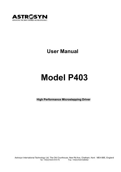 Astrosyn P403 High Performance Microstepping Driver User Manual - cover page