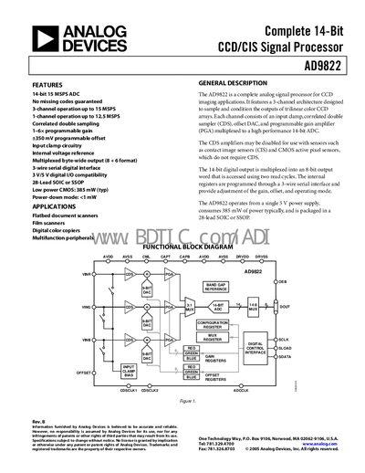 Analog Devices AD9822 14-Bit CCD/CIS Signal Processor Datasheet - cover page