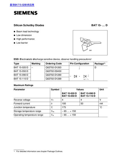 BAT BAT 15-020D Silicon Schottky Diode Datasheet - cover page