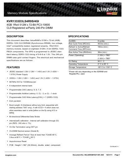 ValueRAM KVR1333D3LS4R9S/4GI DDR3L-1333 Memory Module Datasheet