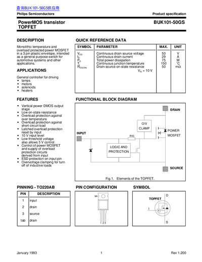 Philips BUK101-50GS PowerMOS Transistor Datasheet - cover page