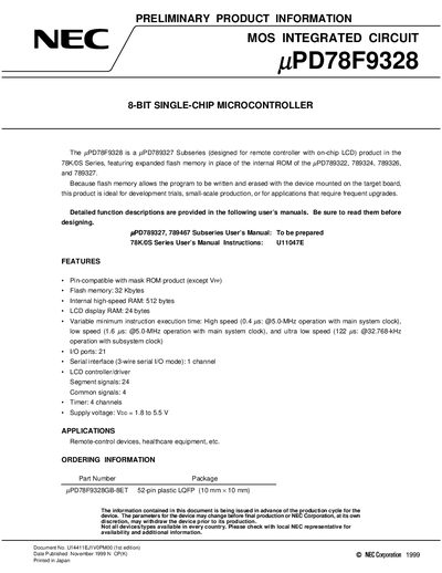 NEC uPD78F9328 Microcontroller Data Sheet - cover page