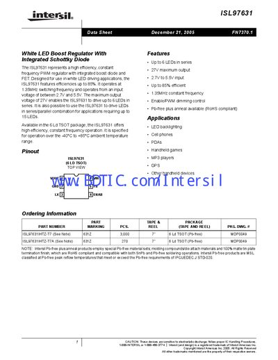 Intersil ISL97631 White LED Boost Regulator Datasheet - cover page