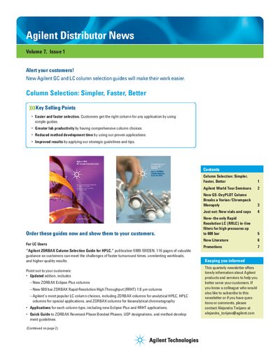 Agilent GC Column Selection Guide Product Announcement - cover page