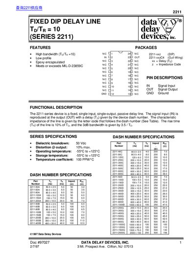 Data Delay Devices 2211 Series Fixed DIP Delay Line Datasheet - cover page