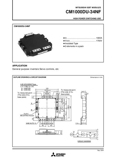 Mitsubishi CM1000DU-34NF IGBT Module Datasheet - cover page