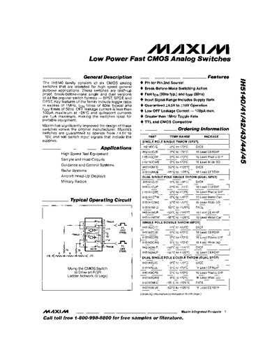 Maxim IH5140 Low Power Fast CMOS Analog Switches Datasheet - cover page