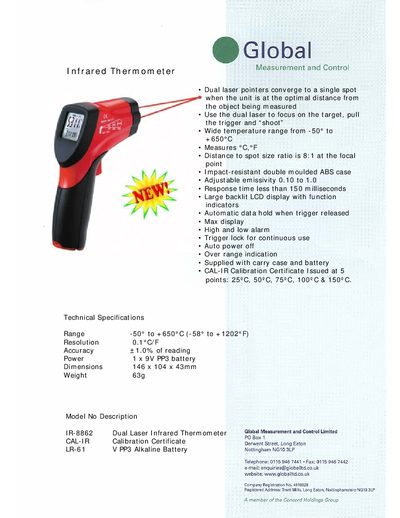 Global IR-8862 Dual Laser Infrared Thermometer Product Leaflet - cover page