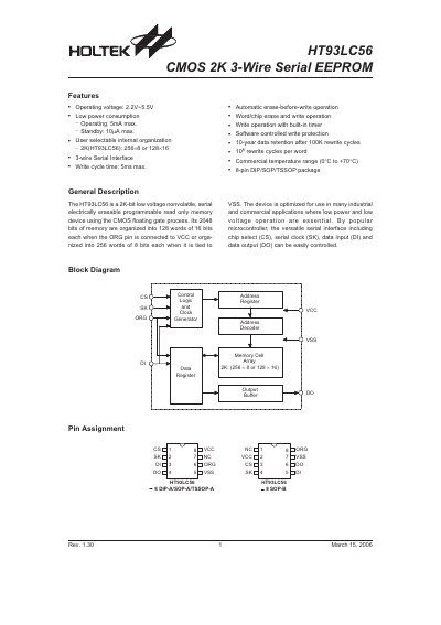 Holtek HT93LC56 CMOS 2K 3-Wire Serial EEPROM Datasheet - cover page