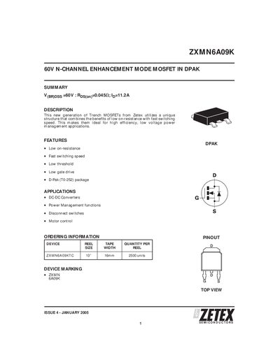 Zetex ZXMN6A09K Datasheet - cover page