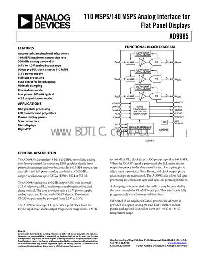 Analog Devices AD9985 Analog Interface Datasheet - cover page