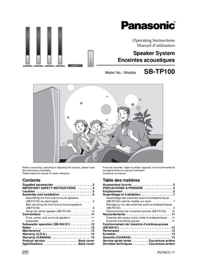 Panasonic SB-TP100 Speaker System Operating Instructions - cover page