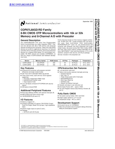 National Semiconductor COP87L88GD/RD Family 8-Bit CMOS OTP Microcontrollers Datasheet - cover page